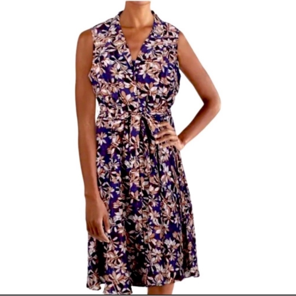 NEW Nanette Lepore Belted Button Down Dress Sleeveless Floral Blue Cream Size 6